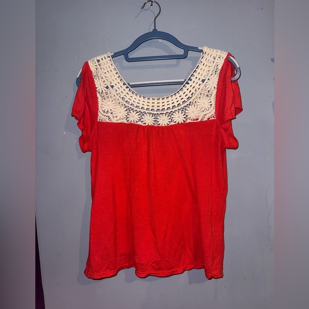 American Eagle Outfitters Red Crochet Yoke Blouse